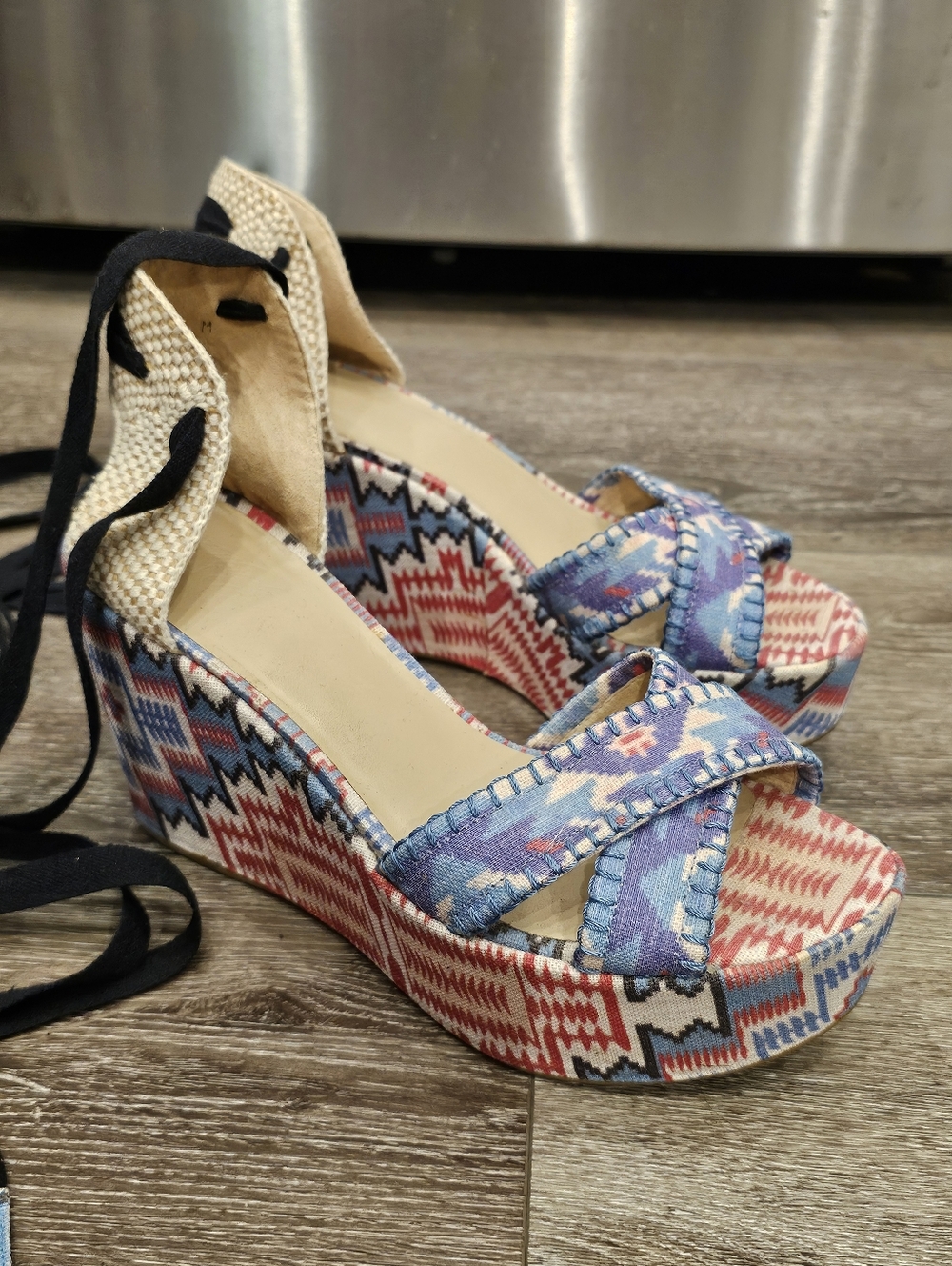STUART WEITZMAN x Theodora & Callum Aztec Ankle Tie Espadrilles Blue Red wedges
